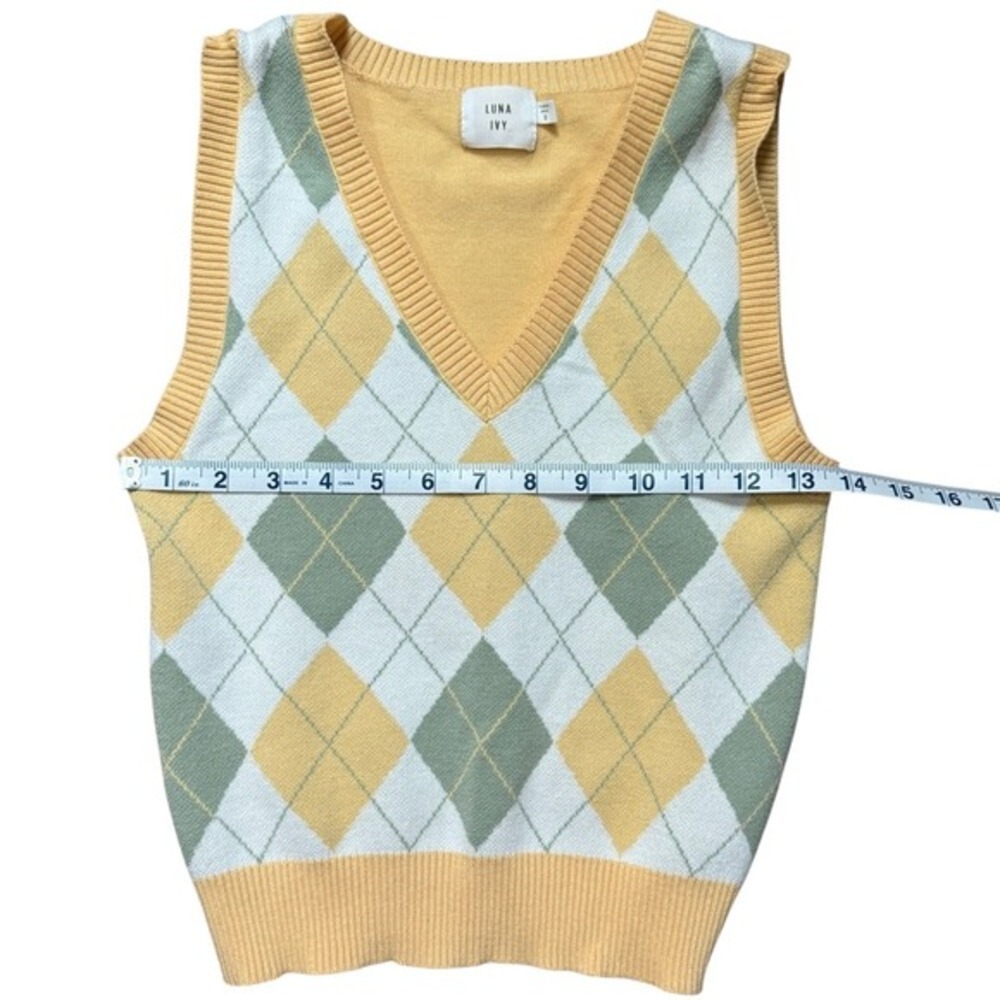 Luna Ivy Pastel Argyle Sweater Vest - Yellow & Sage Green - Size Small Preppy - Picture 6 of 7